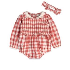 NEW VIVERANO ORGANICS girl's aubrette gingham romper and headband in cranberry r